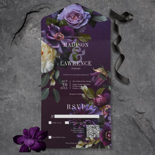 Dark Moody Purple  White Floral QR Code All In One Invitation