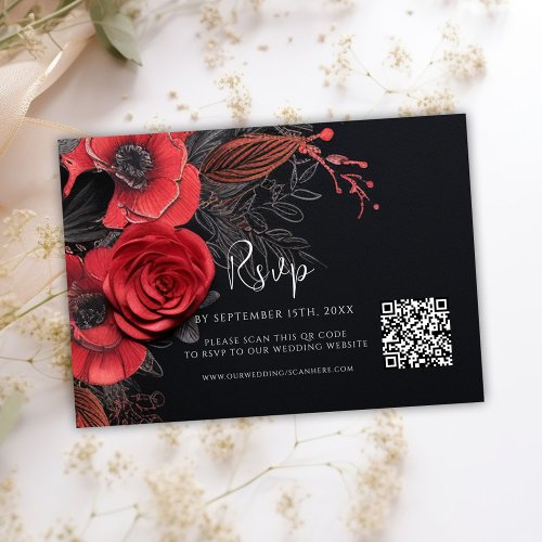 Dark Moody QR Code Floral Wedding RSVP Card