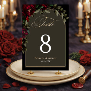 Dark Moody Red Green Floral Gothic Wedding Table Number