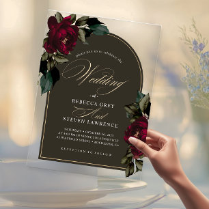 Dark Moody Red Green Floral Wedding Acrylic Invitations