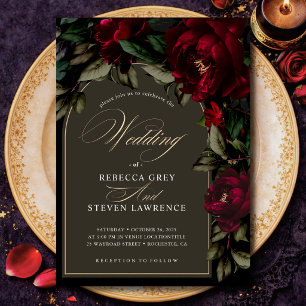 Dark Moody Red Green Gothic Floral Wedding Invitation