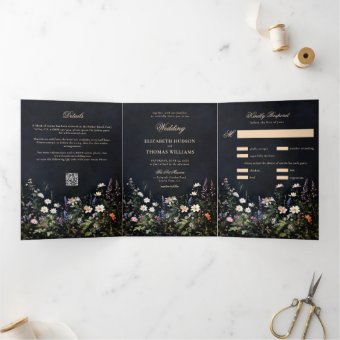 Dark Moody Romance Wildflowers All in One Wedding Tri-Fold Invitation