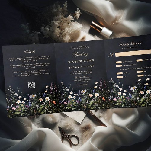 Dark Moody Romance Wildflowers All in One Wedding Tri_Fold Invitation