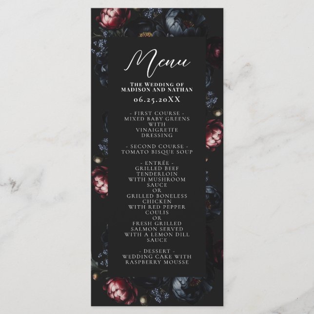 Dark Moody Romantic Black Peony Gothic Wedding Menu (Front)