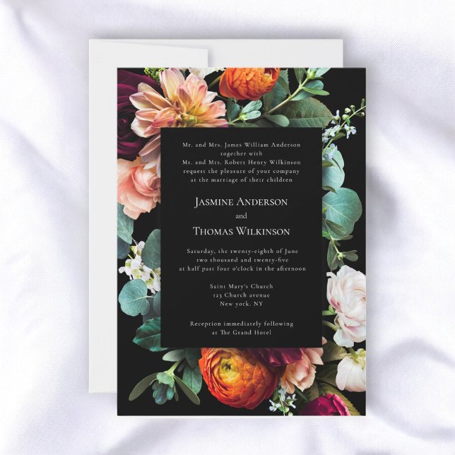 Dark moody romantic dutch floral traditional  invitation (traditional text where both parents help , moody romantic dutch florals wedding invitation)
