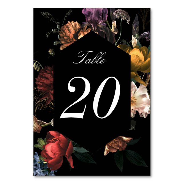 Dark Moody Romantic Dutch Floral Wedding Table Number (Front)