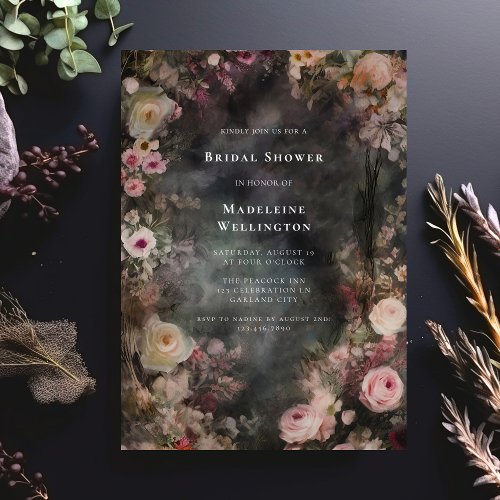 Dark Moody Romantic Floral Bridal Shower Invitation