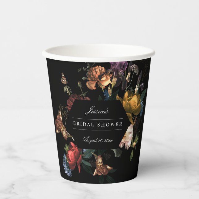 Dark Moody Romantic Floral Dutch Bridal Shower Paper Cups (Front)