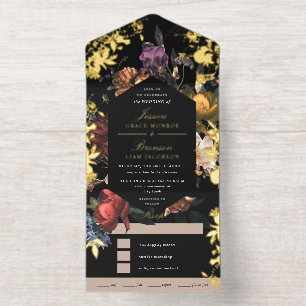 Dark Moody Romantic Floral Dutch Painterly Foil All In One Invitation