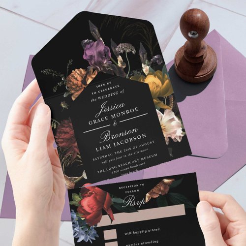 Dark Moody Romantic Floral Dutch Painterly Wedding All In One Invitation