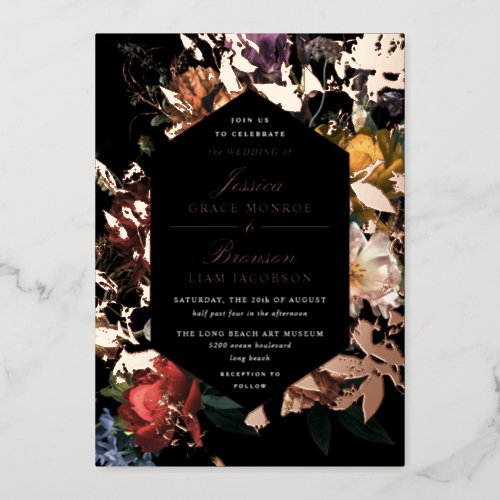 Dark Moody Romantic Floral Dutch Painterly Wedding Foil Invitation