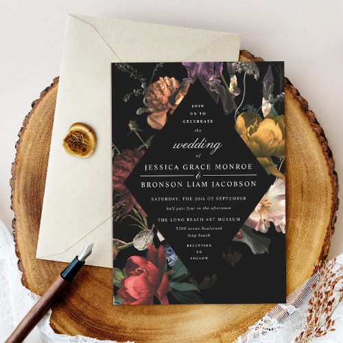 Dark Moody Romantic Floral Dutch Painterly Wedding Invitation