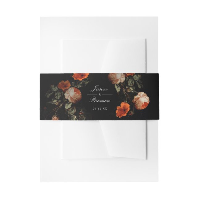 Dark Moody Romantic Floral Dutch Painterly Wedding Invitation Belly Band (Front Example)