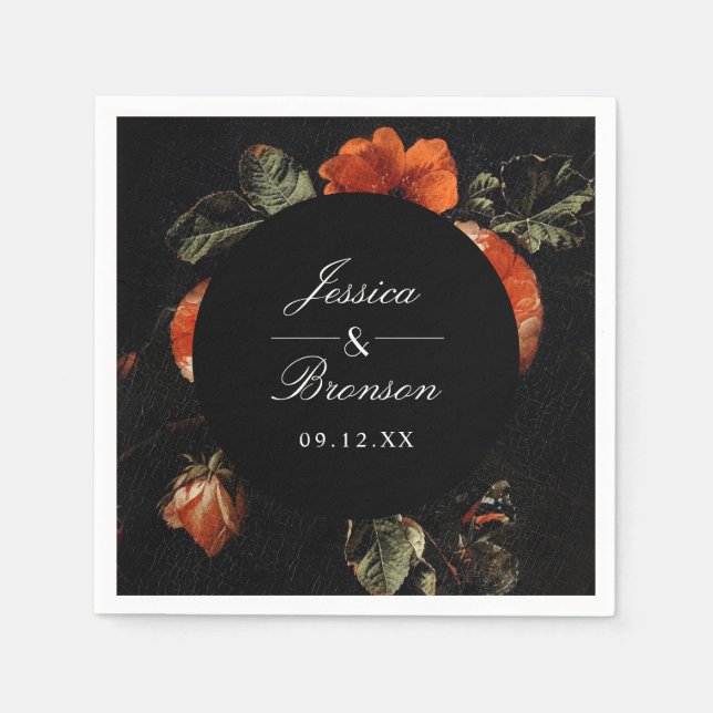 Dark Moody Romantic Floral Dutch Painterly Wedding Napkins (Front)