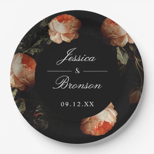 Dark Moody Romantic Floral Dutch Painterly Wedding Paper Plates