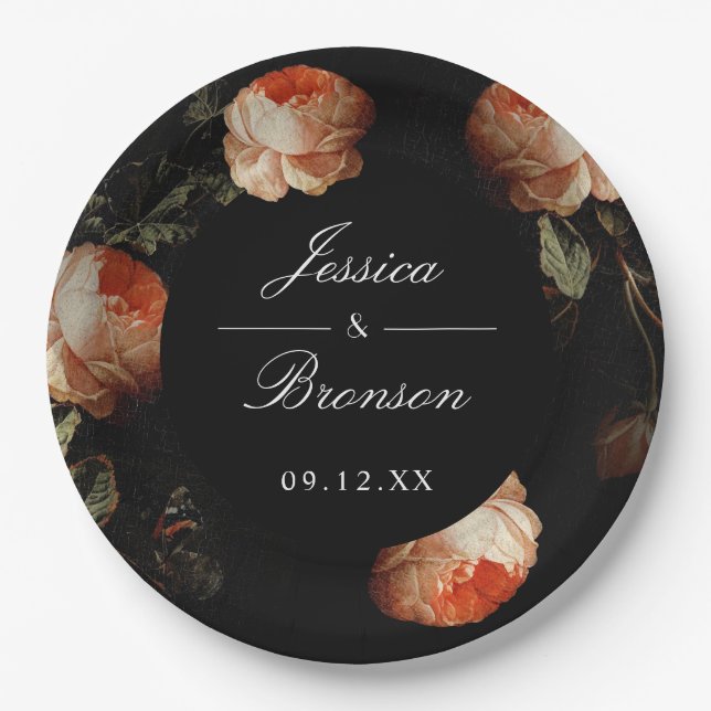 Dark Moody Romantic Floral Dutch Painterly Wedding Paper Plates (Front)