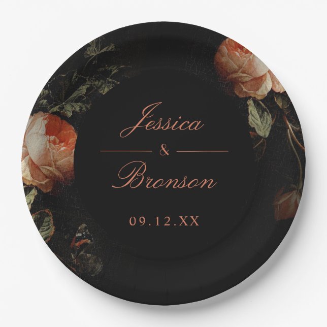 Dark Moody Romantic Floral Dutch Painterly Wedding Paper Plates (Front)