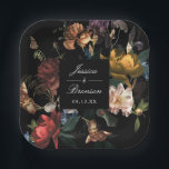 Dark Moody Romantic Floral Dutch Painterly Wedding Paper Plates<br><div class="desc">Customize the text and move or scale the shape and florals as desired. Shape and background color are editable.</div>