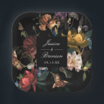 Dark Moody Romantic Floral Dutch Painterly Wedding Paper Plates<br><div class="desc">Customize the text and move or scale the shape and florals as desired. Shape and background color are editable.</div>