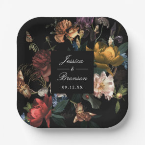 Dark Moody Romantic Floral Dutch Painterly Wedding Paper Plates