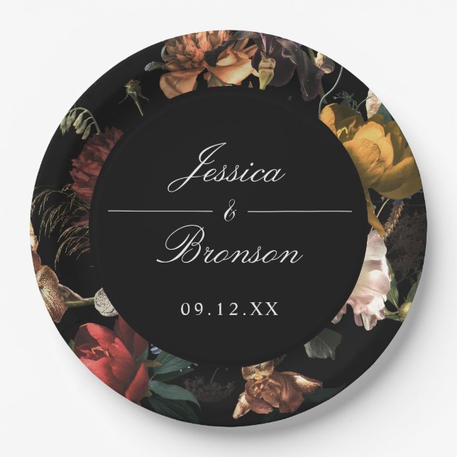Dark Moody Romantic Floral Dutch Painterly Wedding Paper Plates (Front)