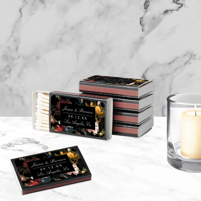 Dark Moody Romantic Floral Dutch Wedding Favor Matchboxes (Creator Uploaded)