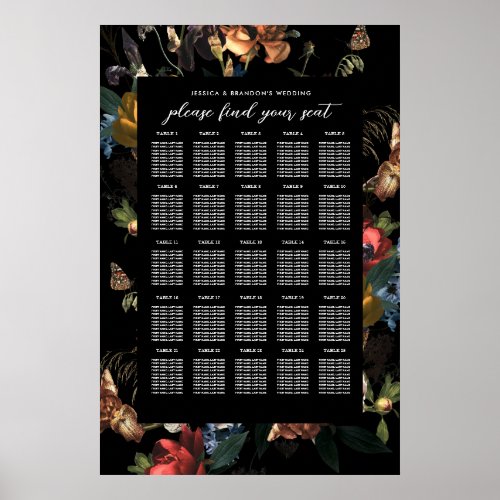 Dark Moody Romantic Floral Dutch Wedding Seating Poster