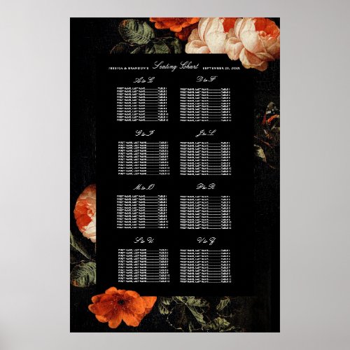 Dark Moody Romantic Floral Dutch Wedding Seating Poster