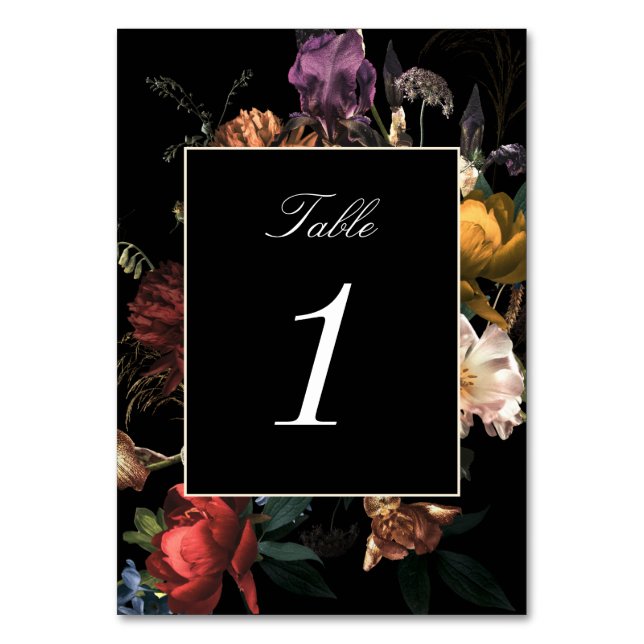 Dark Moody Romantic Floral Dutch Wedding Table Number (Front)