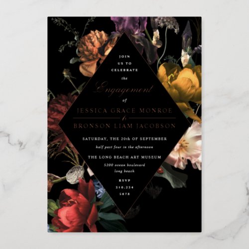 Dark Moody Romantic Floral Engagement Party Foil Invitation
