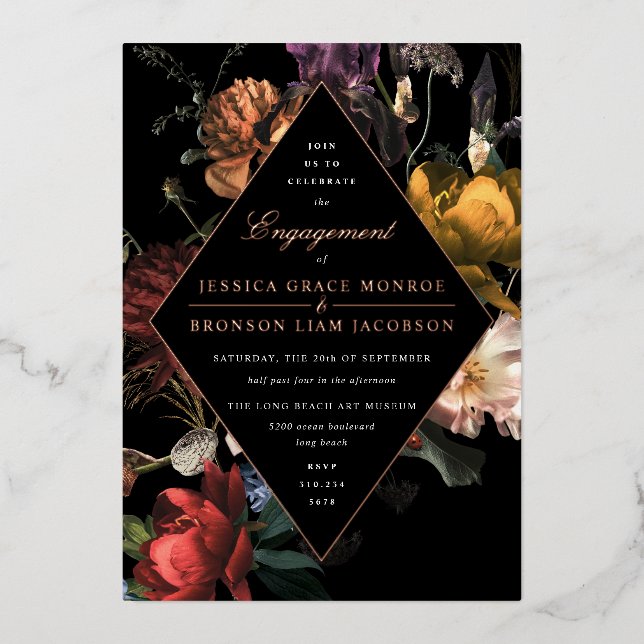 Dark Moody Romantic Floral Engagement Party Foil Invitation (Front)