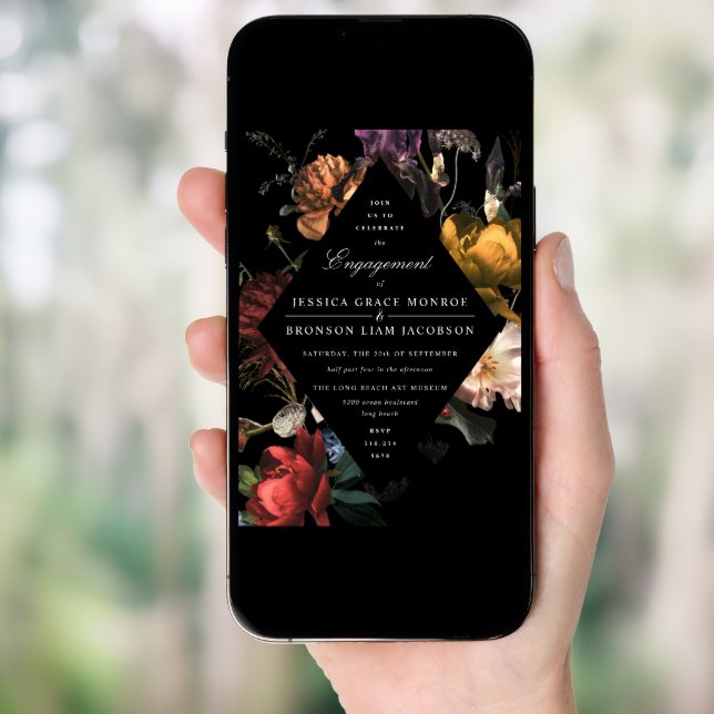 Dark Moody Romantic Floral Engagement Party Invitation (Front Digital)