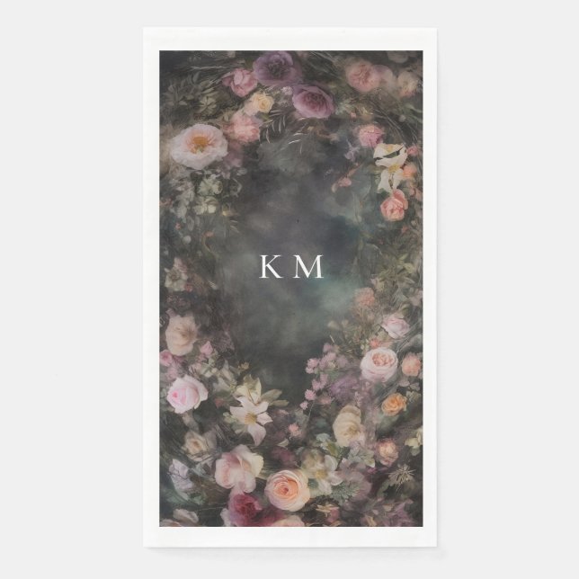 Dark Moody Romantic Floral Monogram Wedding Paper Guest Towels (Front)