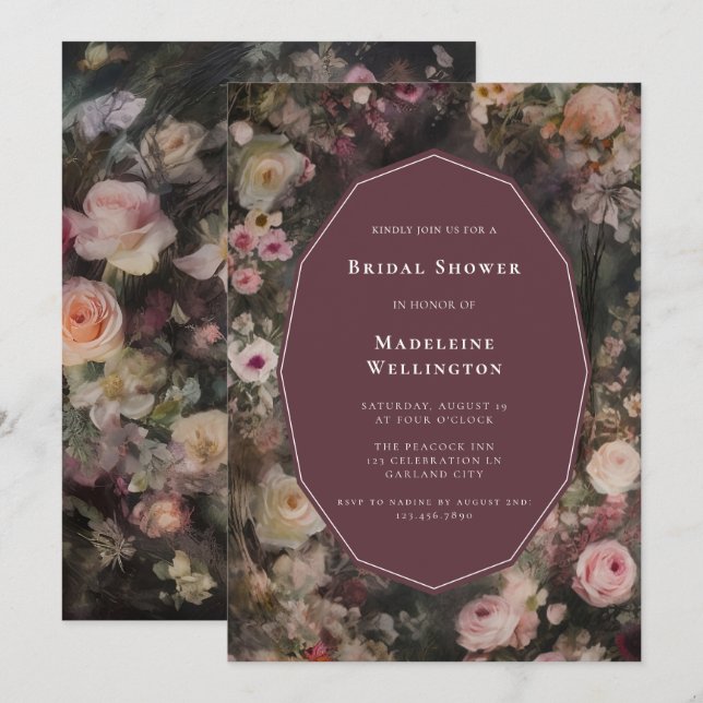 Dark Moody Romantic Floral Wedding Bridal Shower Invitation (Front/Back)