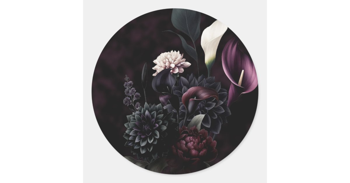 Dark Moody Romantic Floral Wedding Classic Round Sticker | Zazzle