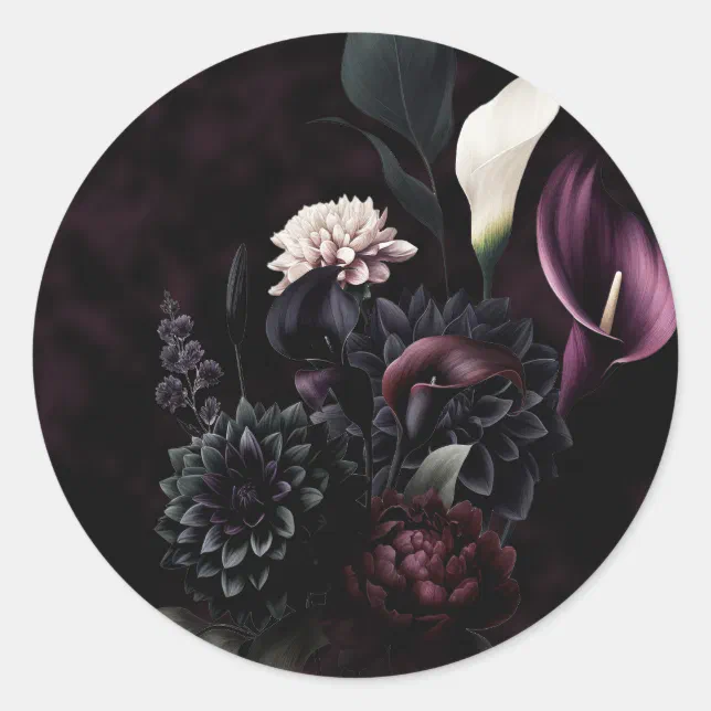 Dark Moody Romantic Floral Wedding Classic Round Sticker | Zazzle