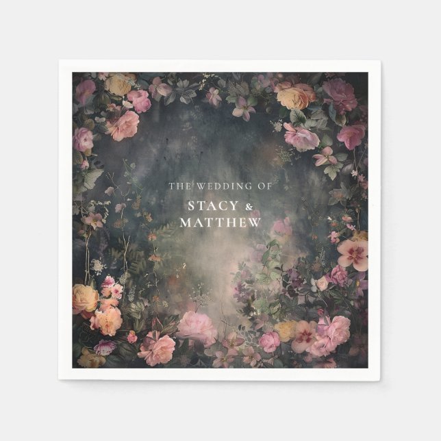 Dark Moody Romantic Floral Wedding Couples Names Napkins (Front)