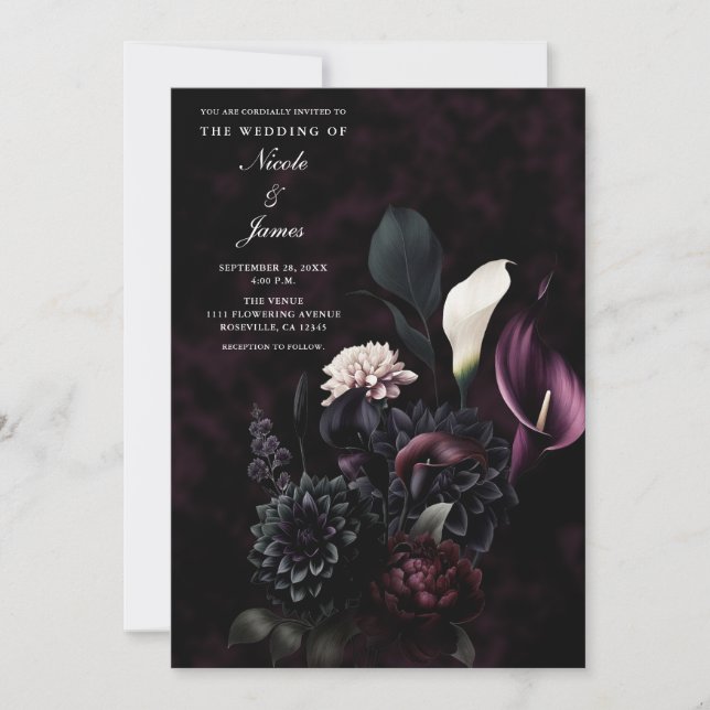 Dark Moody Romantic Floral Wedding Invitation (Front)