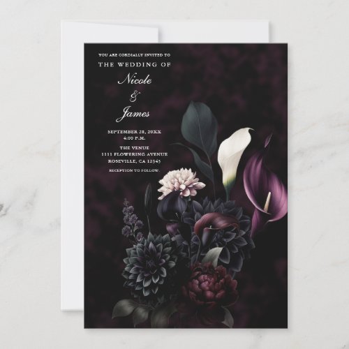 Dark Moody Romantic Floral Wedding Invitation