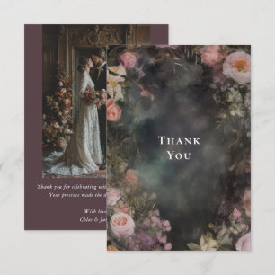 Dark Moody Romantic Floral Wedding Photo Thank You Card