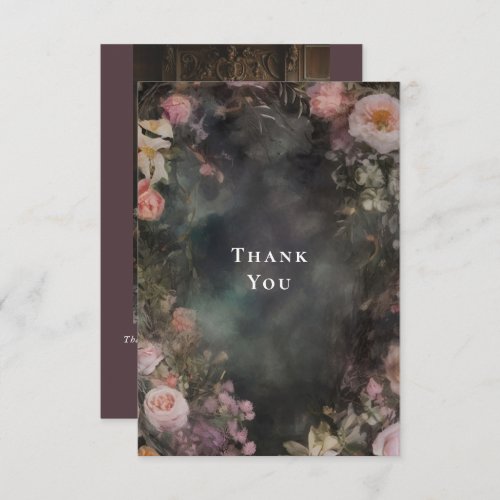 Dark Moody Romantic Floral Wedding Photo Thank You Card