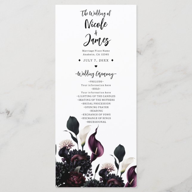 Dark Moody Romantic Floral Wedding Program (Front)