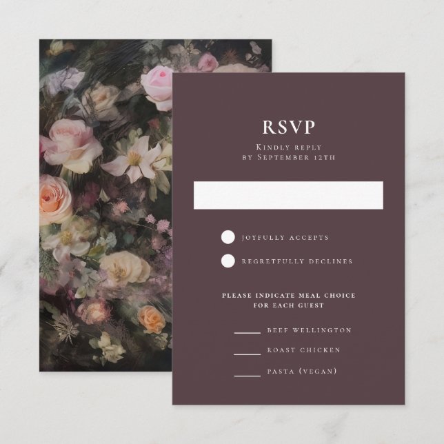 Dark Moody Romantic Floral Wedding Reception RSVP Card (Front/Back)
