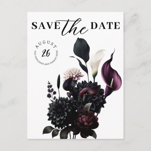 Dark Moody Romantic Floral Wedding Save the Date Announcement Postcard