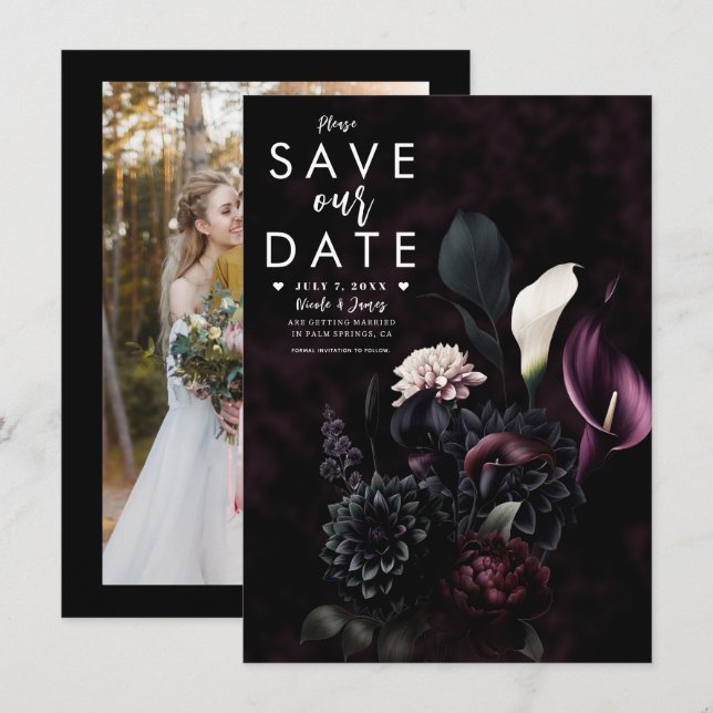 Dark Moody Romantic Floral Wedding Save the Date Invitation (Front/Back)