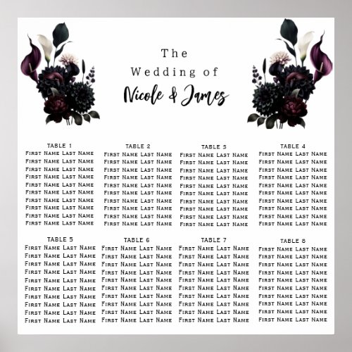 Dark Moody Romantic Floral Wedding Seating Chart