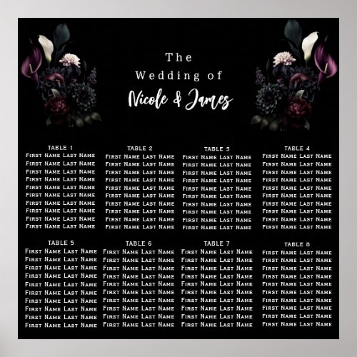 Dark Moody Romantic Floral Wedding Seating Chart