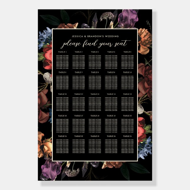 Dark Moody Romantic Floral Wedding Seating Chart Foam Board (Front)