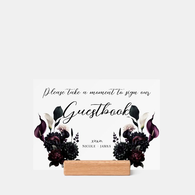 Dark Moody Romantic Floral Wedding Sign Holder (Woodblock)