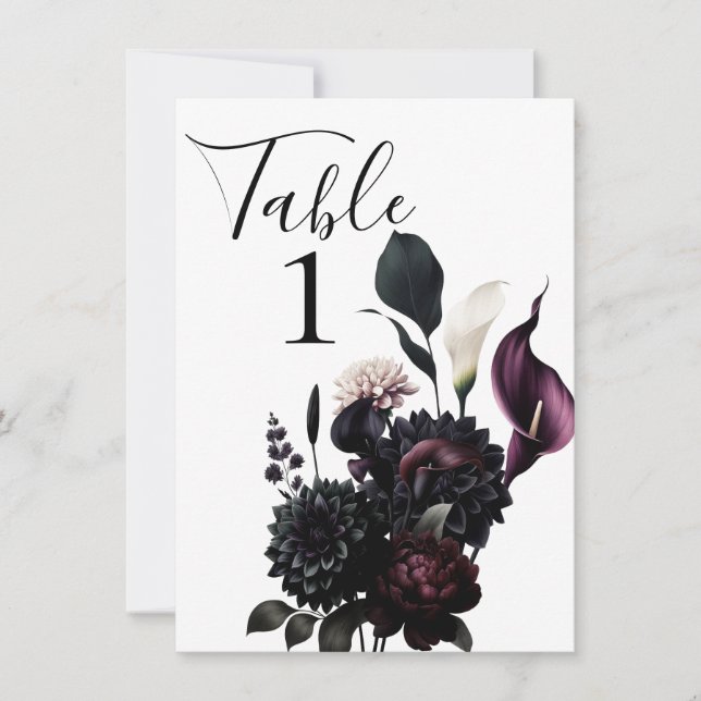 Dark Moody Romantic Floral Wedding Table Number  (Front)